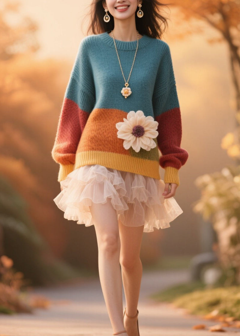 Colorblock O Neck Knit Pullover Fall
