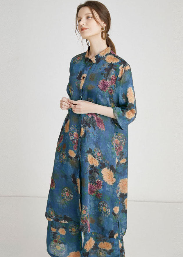 Blue Print Side Open Chiffon Two Pieces Set Summer