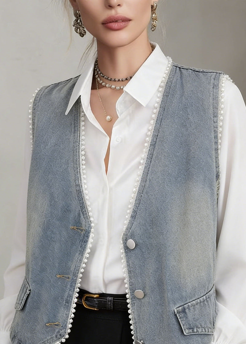 Blue V Neck Pearl Edge Patchwork Denim Vest Sleeveless