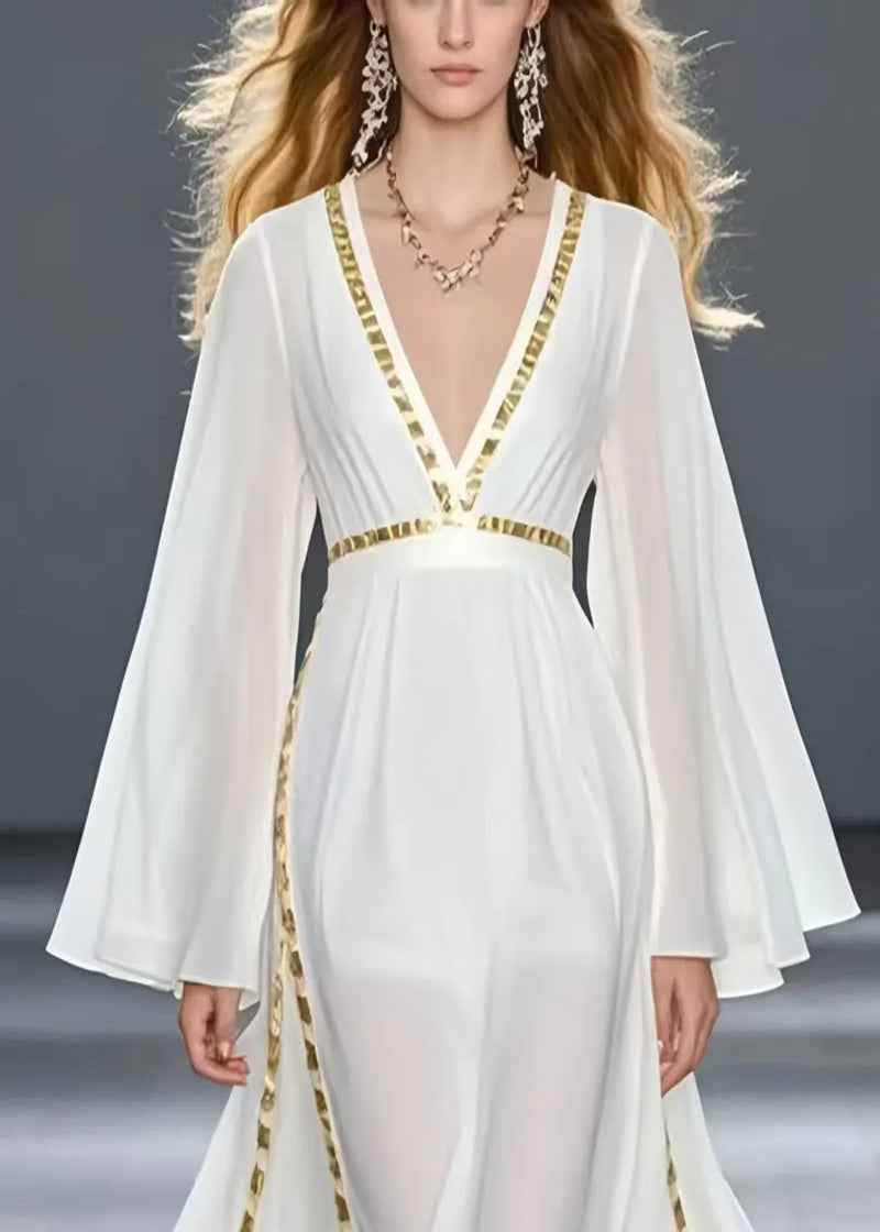 Unique White Patchwork Draping Chiffon Maxi Dresses Spring