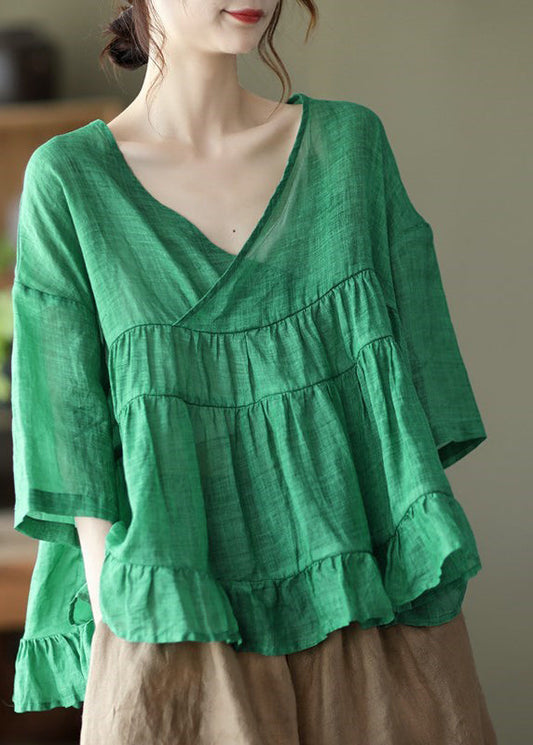 Green V Neck Patchwork Linen Tops Half Sleeve