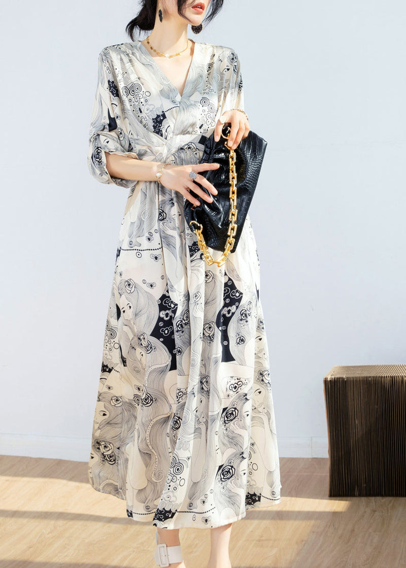 Beige V Neck Print Tie Waist Chiffon Maxi Dress Short Sleeve