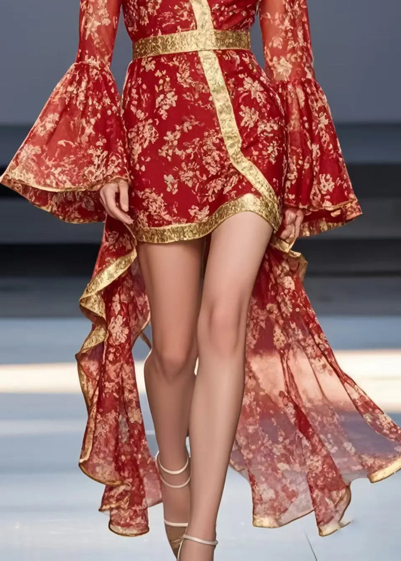 Red Print Asymmetrical Design Chiffon Mid Dress Flare Sleeve
