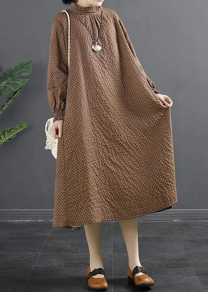 Stand Collar Tunic Dress Work Outfits Chocolate Dotted Maxi Dress