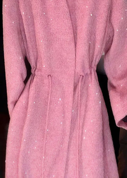 Pink V Neck Sequins Drawstring Coat Fall