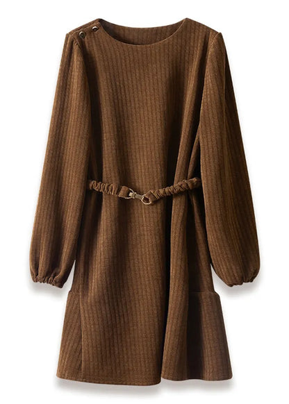 Brown Thick Cotton Tunic Dress Spring