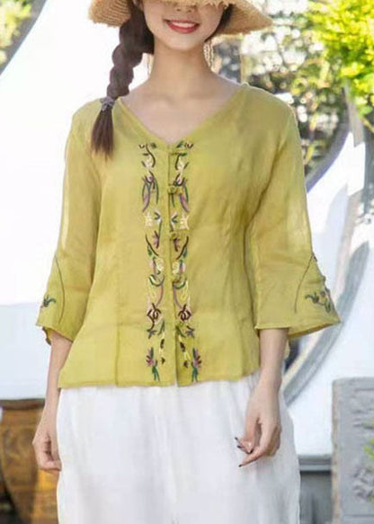 Pink Button Linen Shirt Tops Three Quarter Sleeve