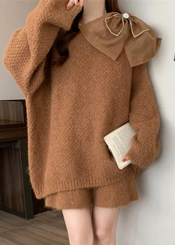 Caramel Bow Patchwork Cotton Knit Sweaters and Skirts Two Pieces Set Lantern Sleeve