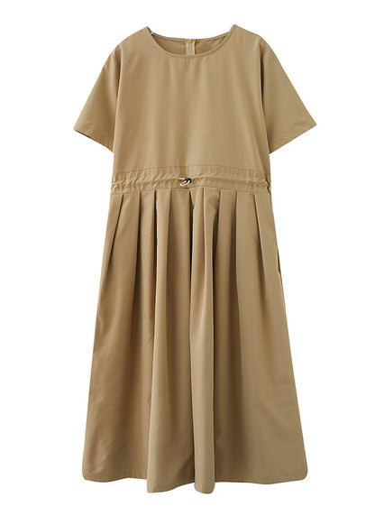 Khaki O-neck Wrinkled Drawstring Maxi Dresses Short Sleeve