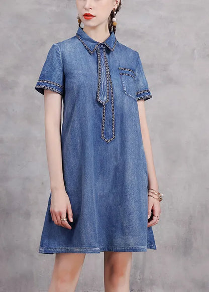 Blue Peter Pan Collar Necktie Embroideried Cotton Denim Dresses Short Sleeve