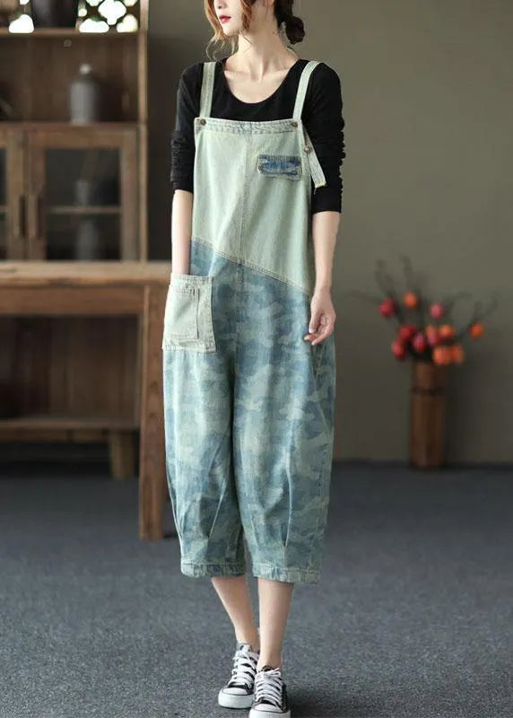 Light Blue Pockets Patchwork Jumpsuit Crop Pants