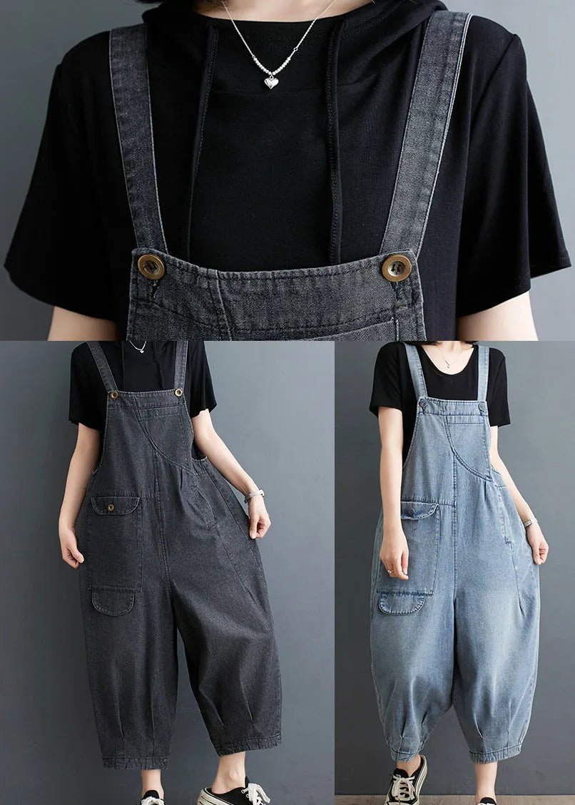 Fine Black Oversized Denim Overalls Jumpsuit Summer