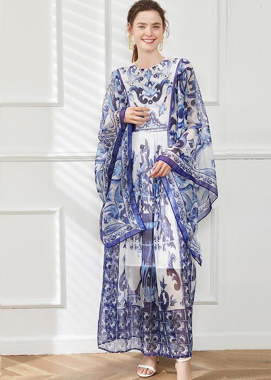 Blue O-neck Print Chiffon Maxi Dress Cloak Sleeves