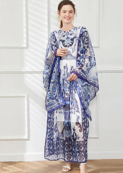 Blue O-neck Print Chiffon Maxi Dress Cloak Sleeves