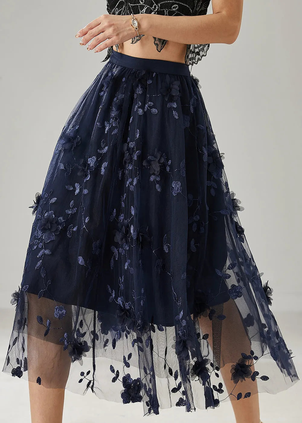 Navy Embroidered Tulle Skirts Summer