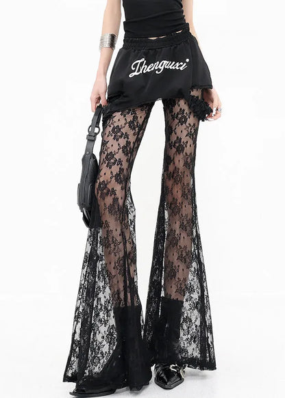 Black False Two Pieces Patchwork Lace Flared Trousers Summer