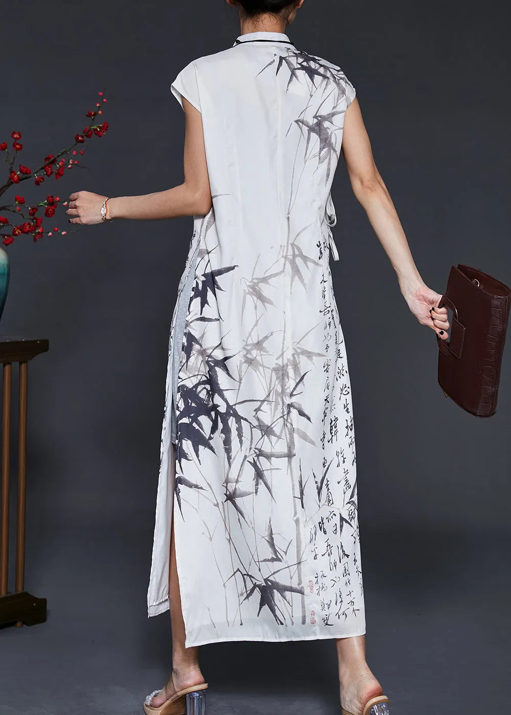 White Print Chiffon Vacation Dresses Cheongsam Sleeveless