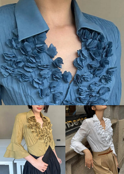 Blue Cotton Shirt Top Peter Pan Collar Flare Sleeve