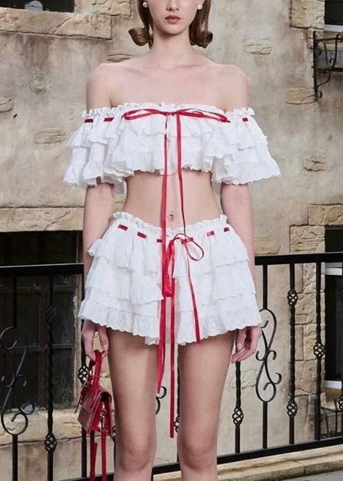 White Ruffled Lace Up Cotton Two Piece Set Summer