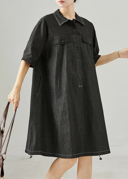 Black Oversized Patchwork Cotton Mid Dress Summer