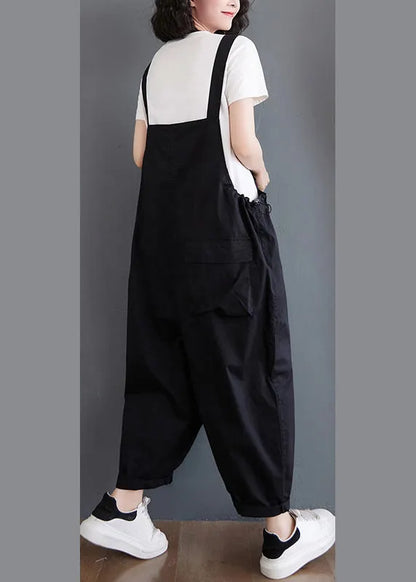 Black Slash Neck Drawstring Button Pockets Jumpsuit Fall