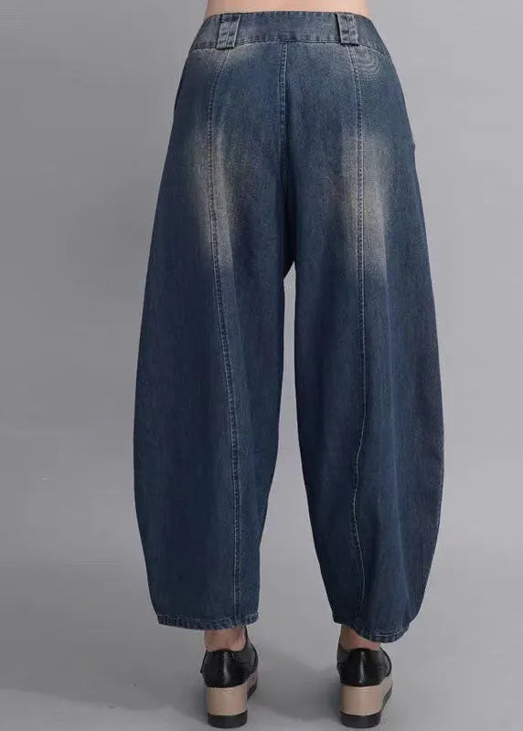 French Navy Button Pockets Lantern Fall Denim Pants