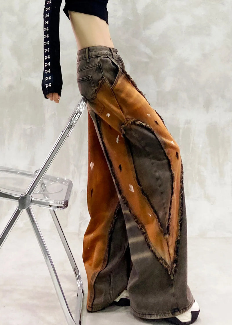 Stylish Khaki Oversized Patchwork Denim Pants Trousers Spring