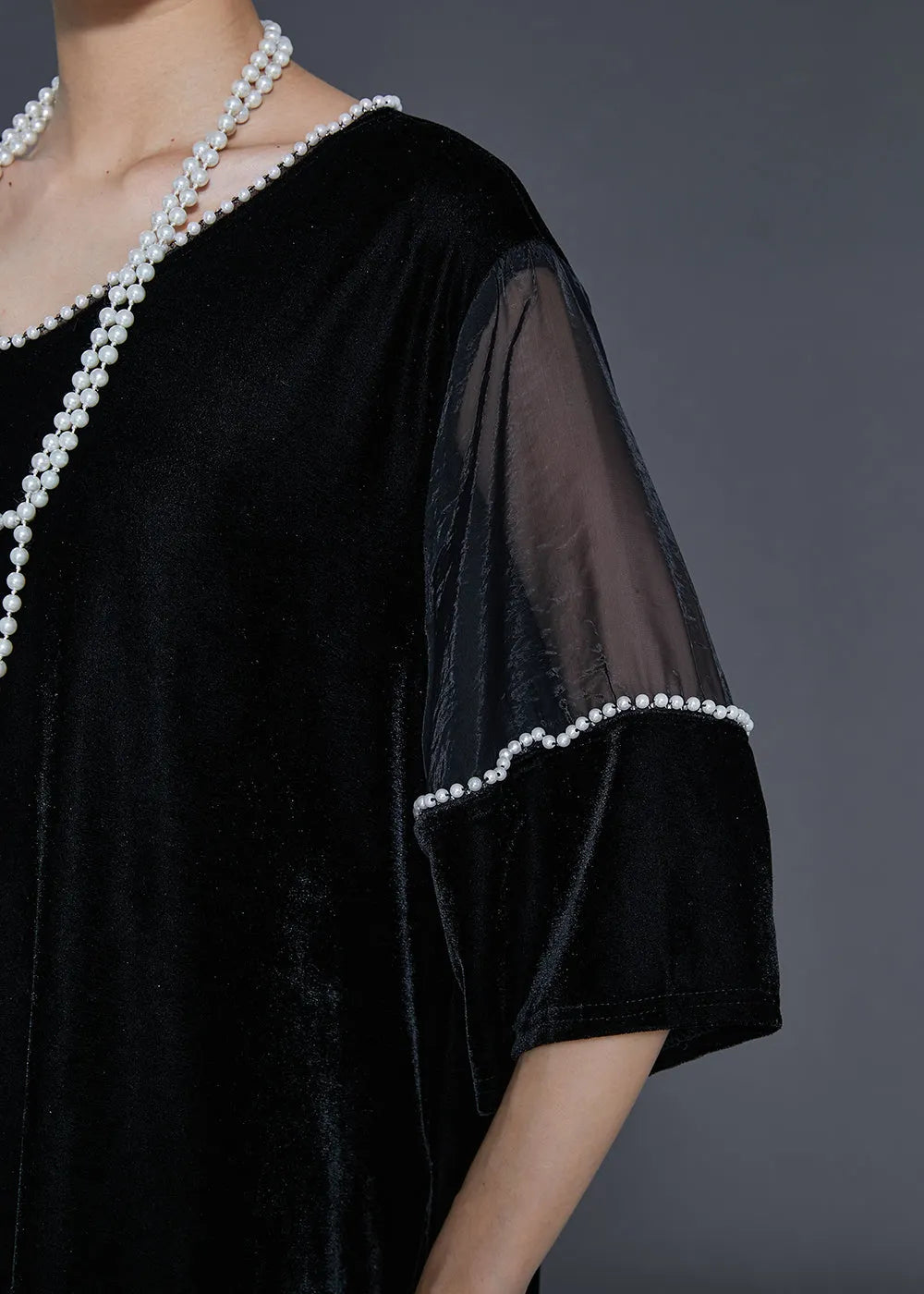 Black Oversized Patchwork Nail Bead Silk Velour Dress Spring