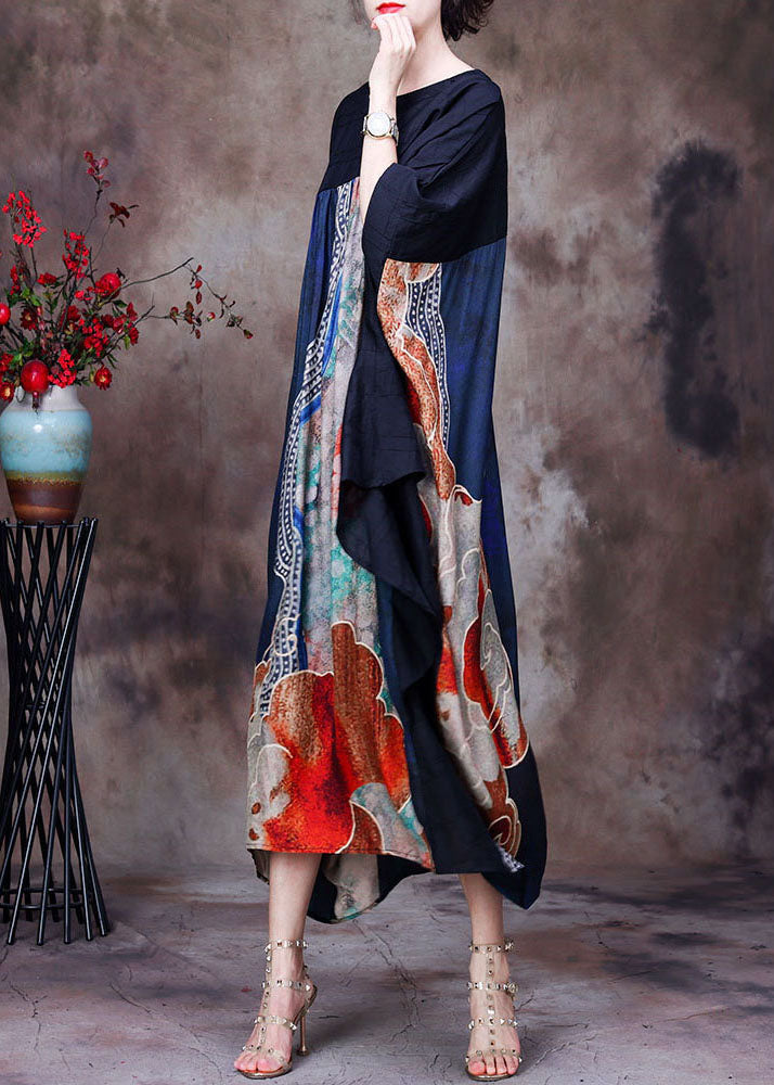 Red Print O-neck Patchwork Silk Loose Long Dress Batwing Sleeve