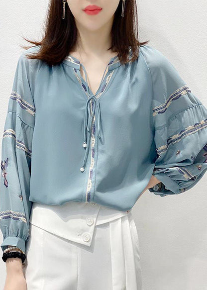 Blue Embroideried V Neck Chiffon Shirt Top Three Quarter Sleeve