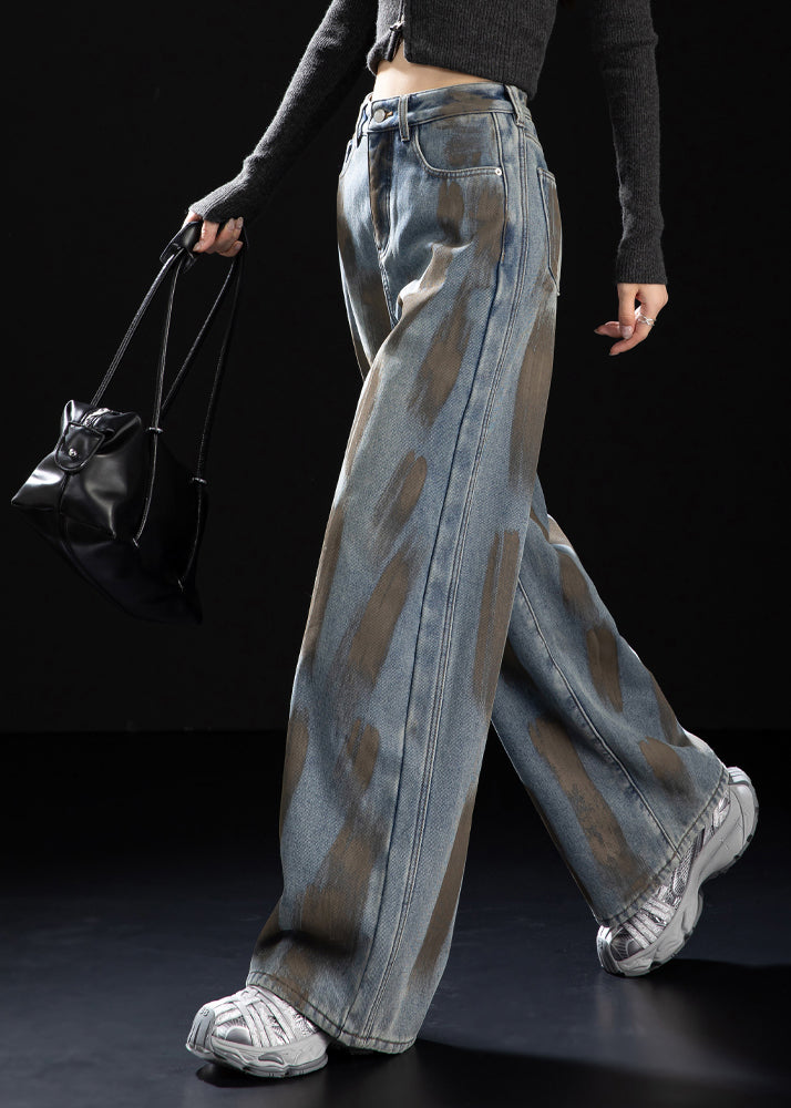 Navy Oversized Painting Warm Fleece Denim Pants Winter