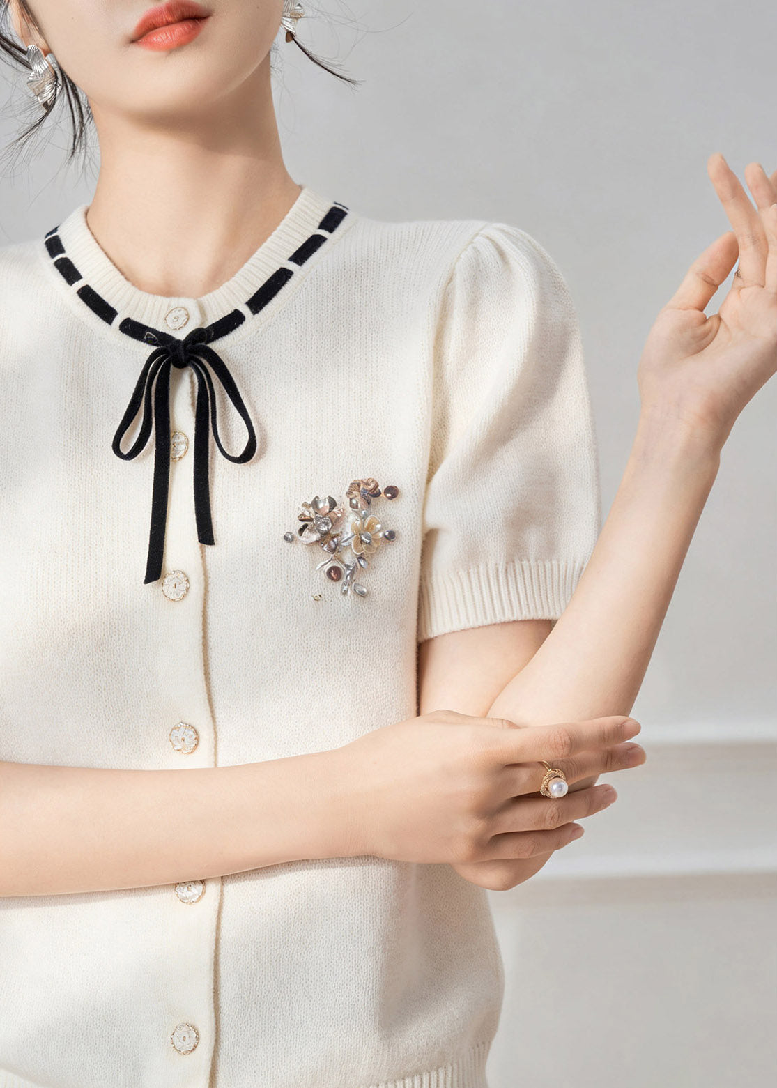 French White Peter Pan Collar Tie Lace Knit Top Short Sleeve Summer