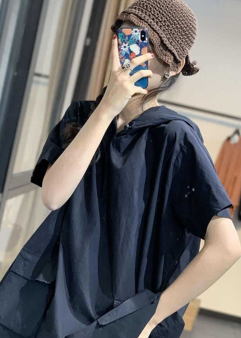 Green Hooded Pockets Drawstring Fall Short Sleeve Blouses