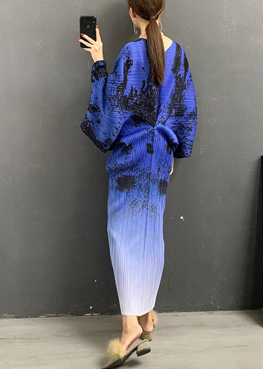 Blue V Neck Print Gradient Color Silk Dress Long Sleeve