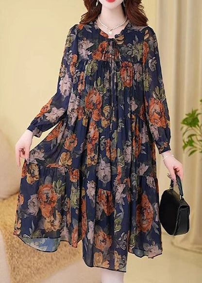 New Navy Print Wrinkled Cotton Long Dresses Long Sleeve Fall