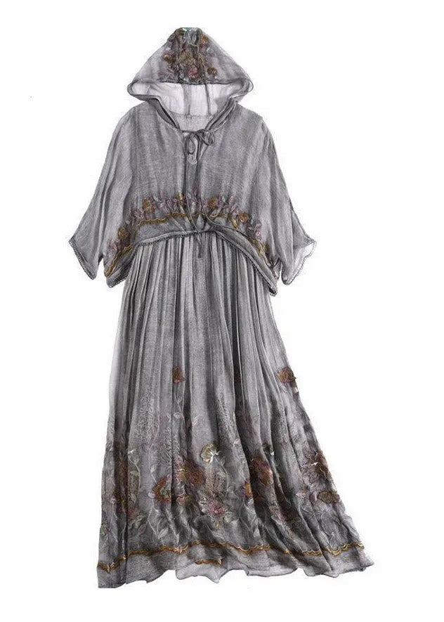 Grey Printing Neck Tie Take Two Pieces Hooded Maxi Dresses Summer