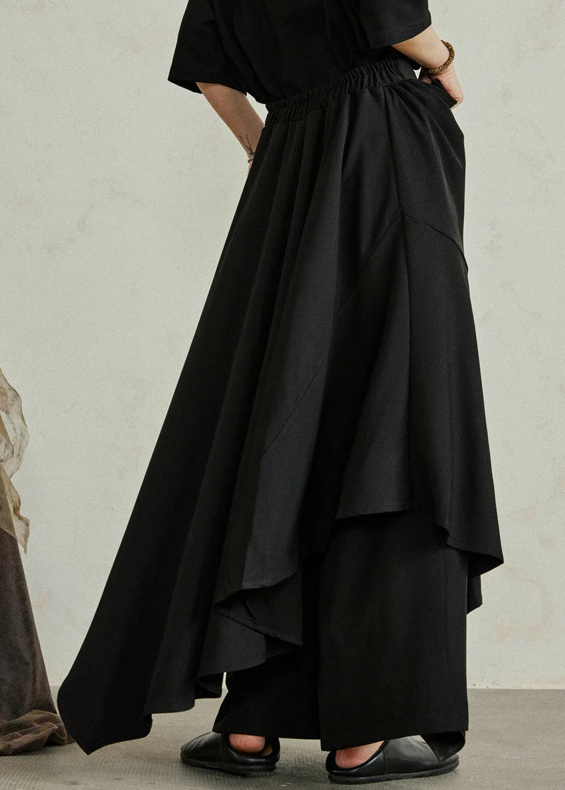 Black Asymmetrical Pockets Patchwork Elastic Waist Pants Skirt