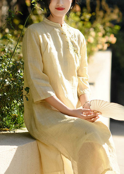 Classy Yellow Embroideried Button Linen Dresses Bracelet Sleeve