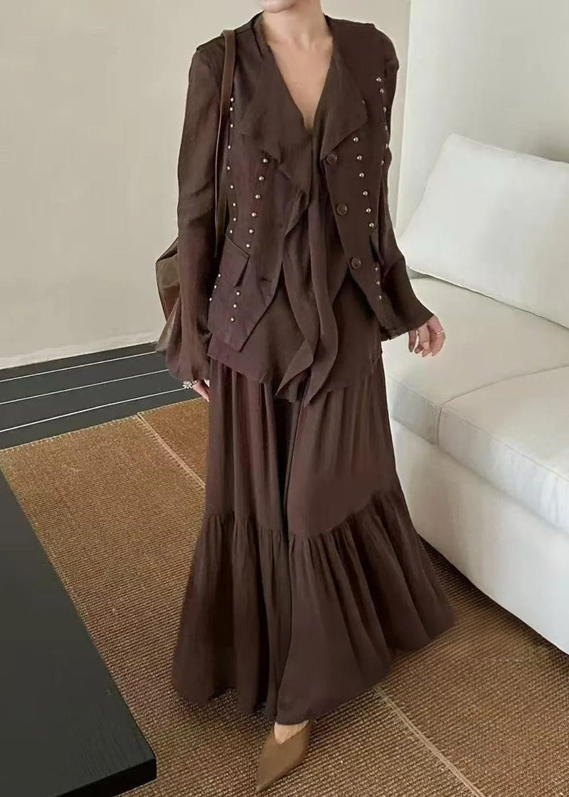 Autumn New Coffee Ruffled Top Skirt Rivet Vest Three Piece Set