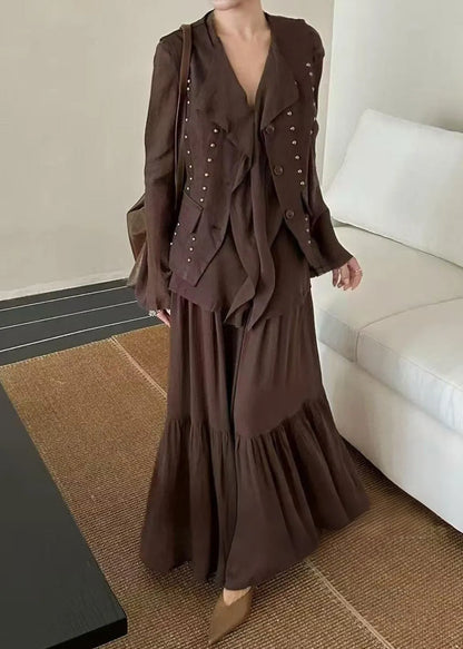 Autumn New Coffee Ruffled Top Skirt Rivet Vest Three Piece Set
