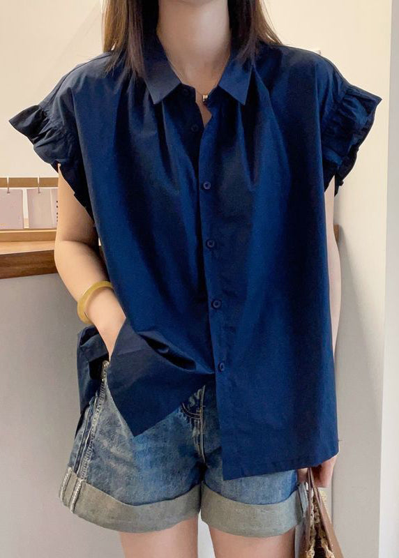Coffee Ruffled Button Patchwork Cotton Top Summer