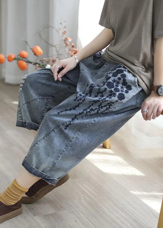 Blue Embroideried Summer Denim Pants