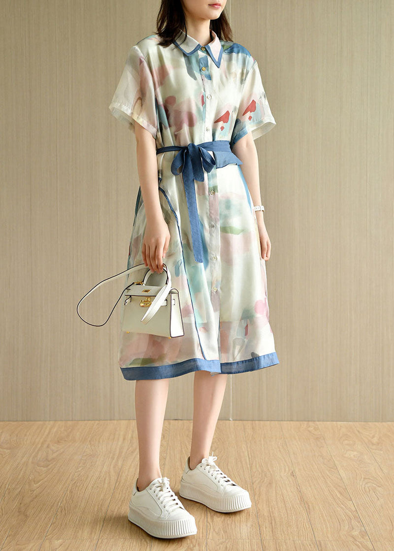 Light Green Asymmetrical Design Print Silk Loose Dresses Short Sleeve