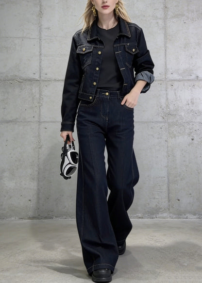 New Blue Peter Pan Collar Coat Pants Denim Two Pieces Set Spring