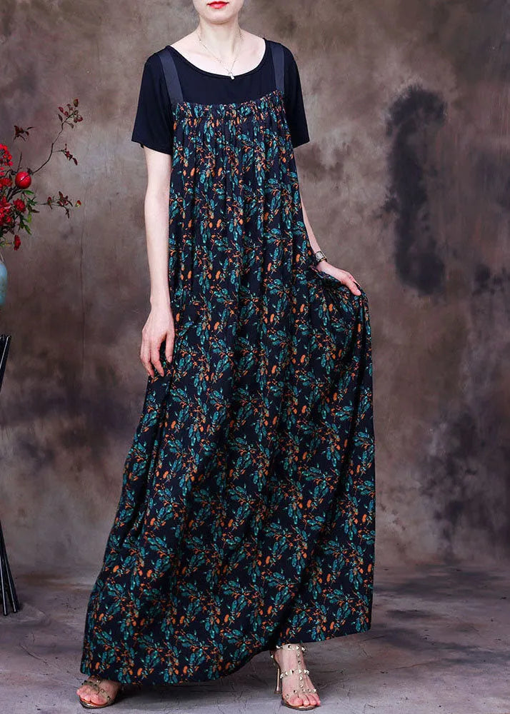 Green Print Pockets Cotton Strap Dress and Tanks Two Pieces Set Summer