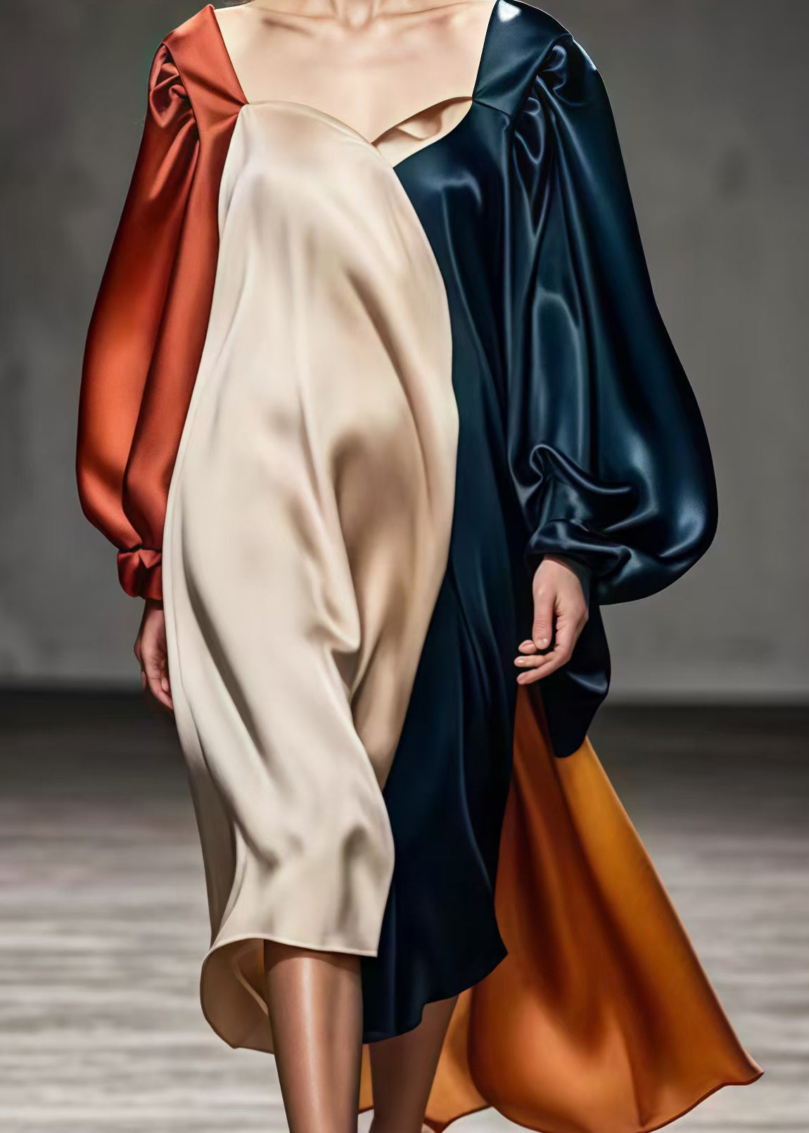 Square Collar Asymmetrical Patchwork Silk Dresses Lantern Sleeve