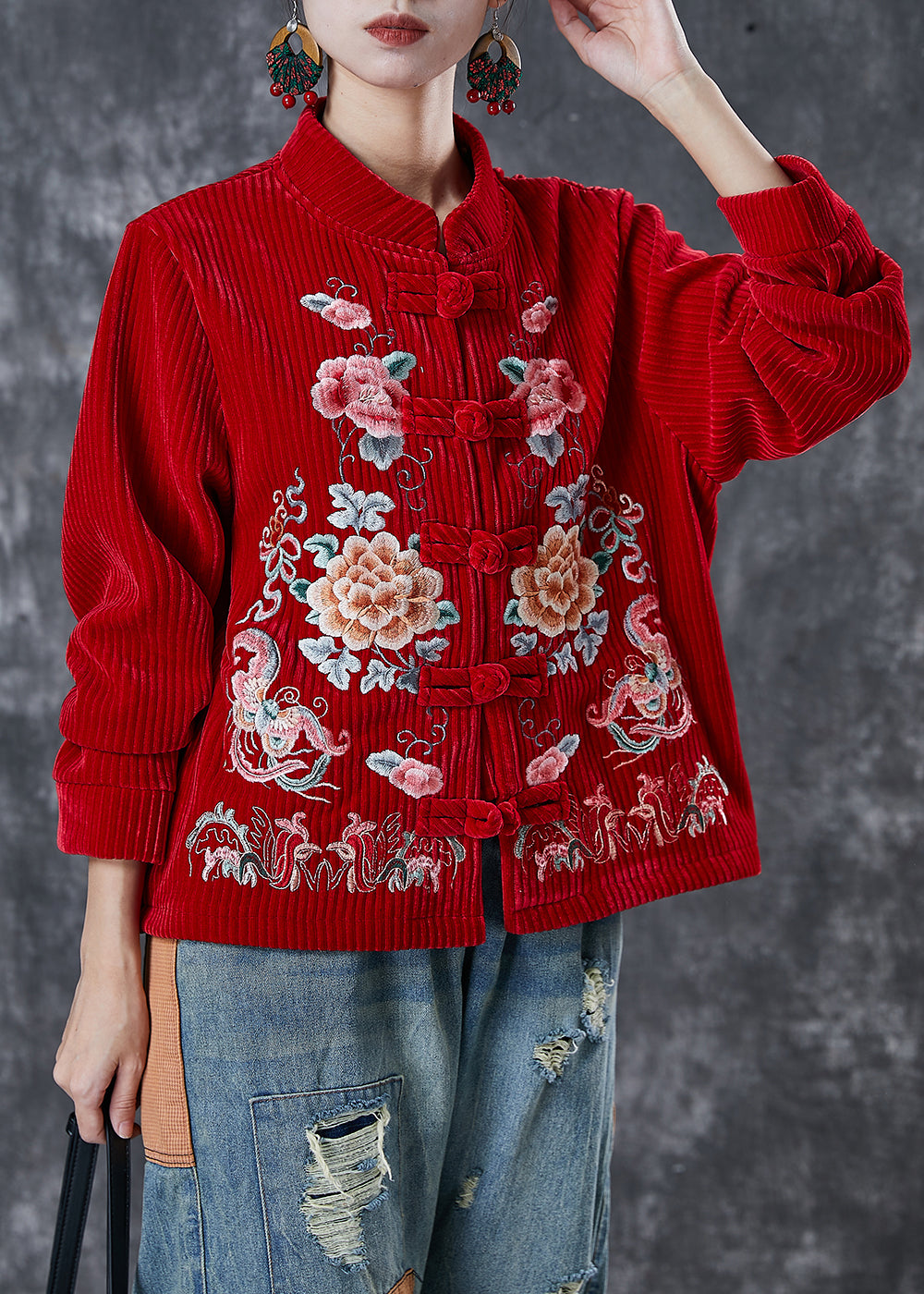 Red Embroideried Corduroy Jackets Spring