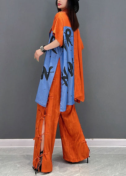 Orange Patchwork Cotton Two Piece Set Clothing Peter Pan Collar Spring