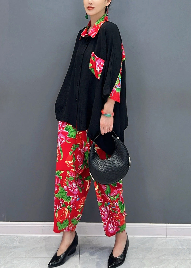 Fitted Black Peter Pan Collar Print Patchwork Button Shirts and Harem Pants Two Pieces Set Long Sleeve