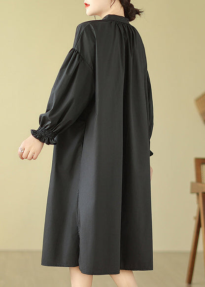 Black Stand Collar Button Patchwork Cotton Shirts Dress Lantern Sleeve